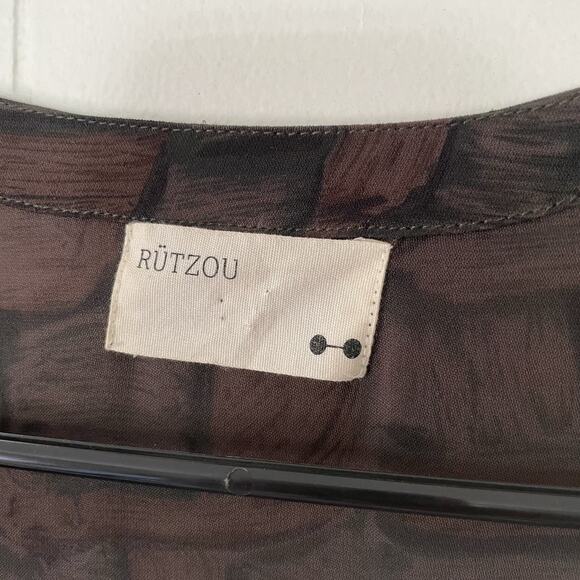 Boho Y2K Beaded Tie-Back Midi Dress 90s Silk Brown Abstract Print Applique Sz 10 - Picture 4 of 9